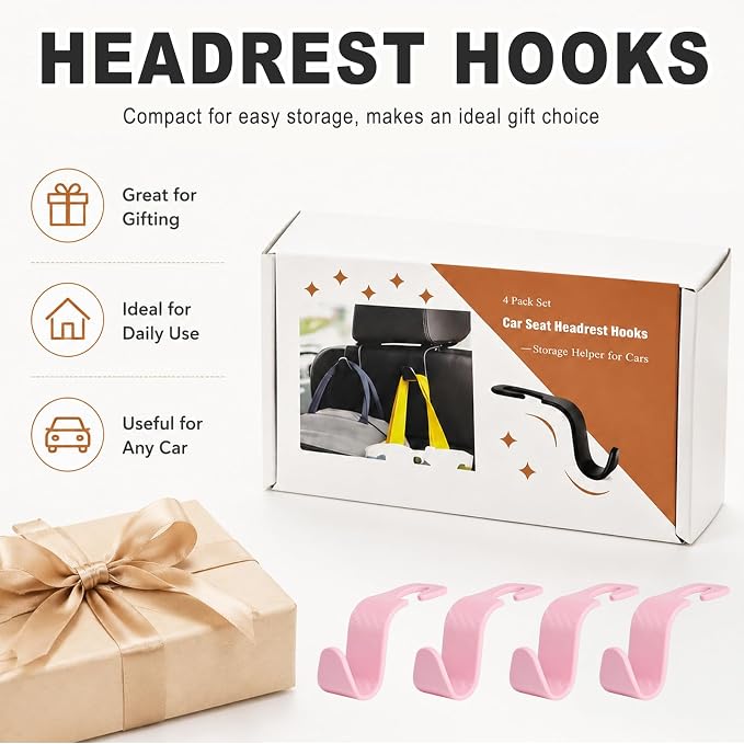 Car Seat Hooks for Headrest 4 Pack, Car Seat Back Storage Hook, Universal Vehicle Headrest Hanger for Purse, Handbag, Coat, Umbrella, Grocery Bags, Practical Interior Accessories