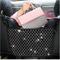 Bling Car Net Pocket Handbag Holder, Rhinestone Vehicle Backseat Purse Organizer Between Seats, Diamond Hanging Storage Bag Barrier of Pet Kids, Universal Automotive Accessories (White)