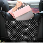 Bling Car Net Pocket Handbag Holder, Rhinestone Vehicle Backseat Purse Organizer Between Seats, Diamond Hanging Storage Bag Barrier of Pet Kids, Universal Automotive Accessories (White)