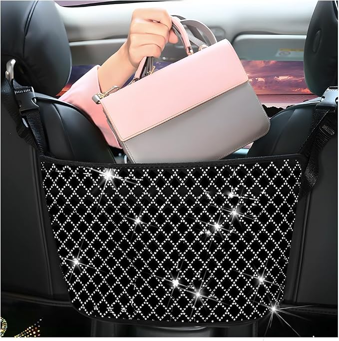 Bling Car Net Pocket Handbag Holder, Rhinestone Vehicle Backseat Purse Organizer Between Seats, Diamond Hanging Storage Bag Barrier of Pet Kids, Universal Automotive Accessories (White)