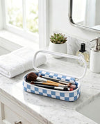 Preppy Checkered Clear Travel Makeup Brush Holder,Blue and Beige Checkered Makeup Brush Toiletry Bag, Portable Cosmetic Brush Case,Transparent Waterproof Makeup Brush Storage Bag