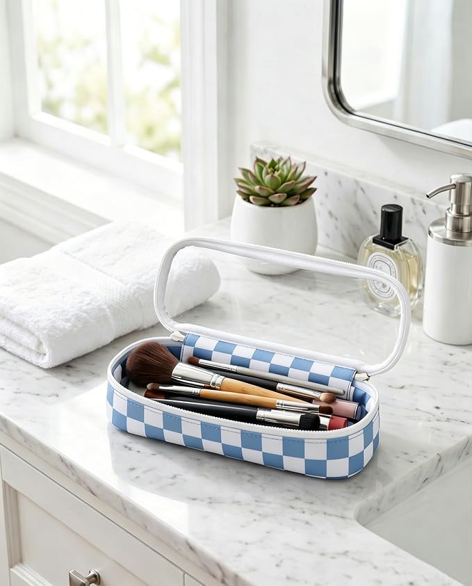 Preppy Checkered Clear Travel Makeup Brush Holder,Blue and Beige Checkered Makeup Brush Toiletry Bag, Portable Cosmetic Brush Case,Transparent Waterproof Makeup Brush Storage Bag