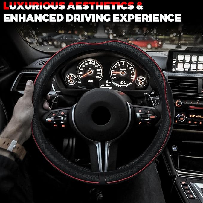 Car Steering Wheel Cover, Microfiber Leather Steering Wheel Covers with Anti-Slip Lining, Universal 14.5-15 inchs Black with Red line