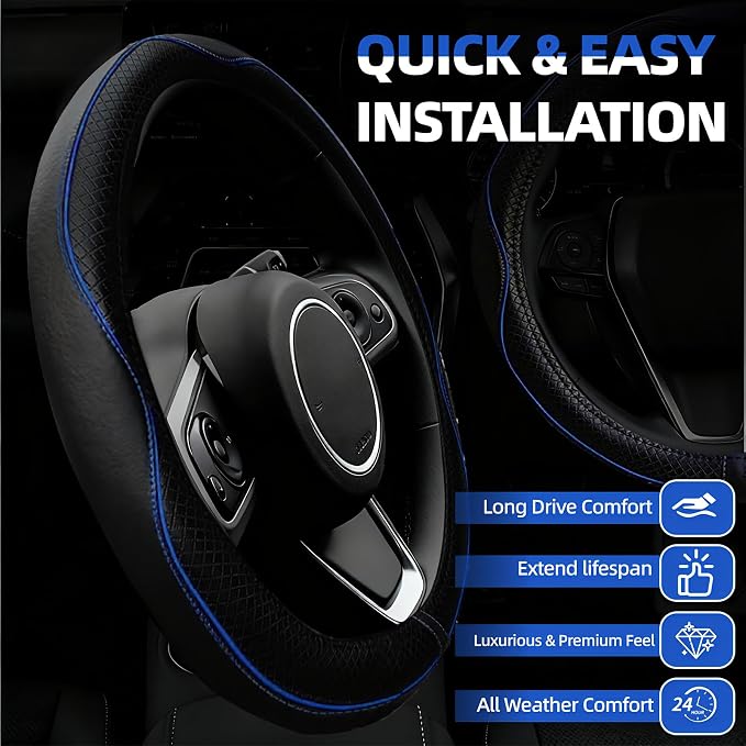 6 PCS Car Steering Wheel Cover Set, Microfiber Leather Steering Wheel Covers Universal 14.5-15 inch, Center Console Cover, Seat Belt Cushion, Cup Holder Coaster, Car Accessories Set Blue