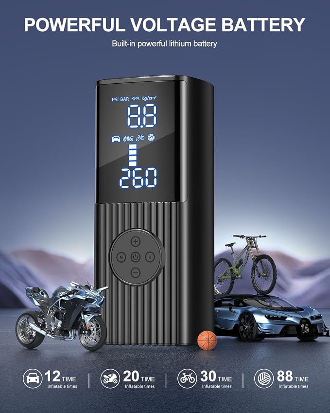 Tire Inflator Portable Air Compressor, 180PSI Cordless Air Pump with Digital Gauge, LED Light, 3X Faster Air Compressor for Cars, Motorcycles, Bicycles, Balls
