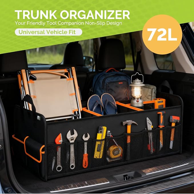 Trunk Organizer for SUV, Collapsible Trunk Organizer for Car, Non-Slip Bottom, Storage Organizer for Sedans, Van, Jeep, Grocery, Large 4 Compartments, Black Mixed Orange 32"×13"×12"
