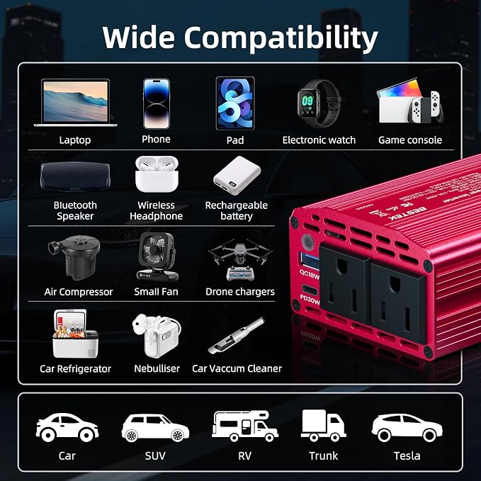 400W Car Power Inverter for Vehicles – DC 12v to AC 110v Car Plug Adapter Outlet with PD 30W USB-C &USB-A 3.0 Fast Charging, Car Charger Cigarette Lighter Adapter for Laptop, Road Trip, Camping
