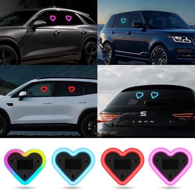 Upgrade Car Light LED Ambient Lights Heart Solar Lights Solar-Powered Heart-Shaped Neon Lights for Car Window Decorative 5 Modes Interior Outdoor Decor (Ice Blue)