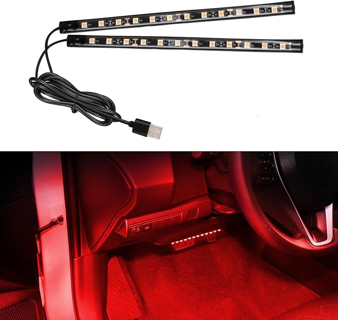 Car LED Strip Light, 12V 24 LED Vehicle Interior Atmosphere Lamps with USB Port, Auto Under Dash Ambient Night Light, Universal Car Accessories (Red, USB)