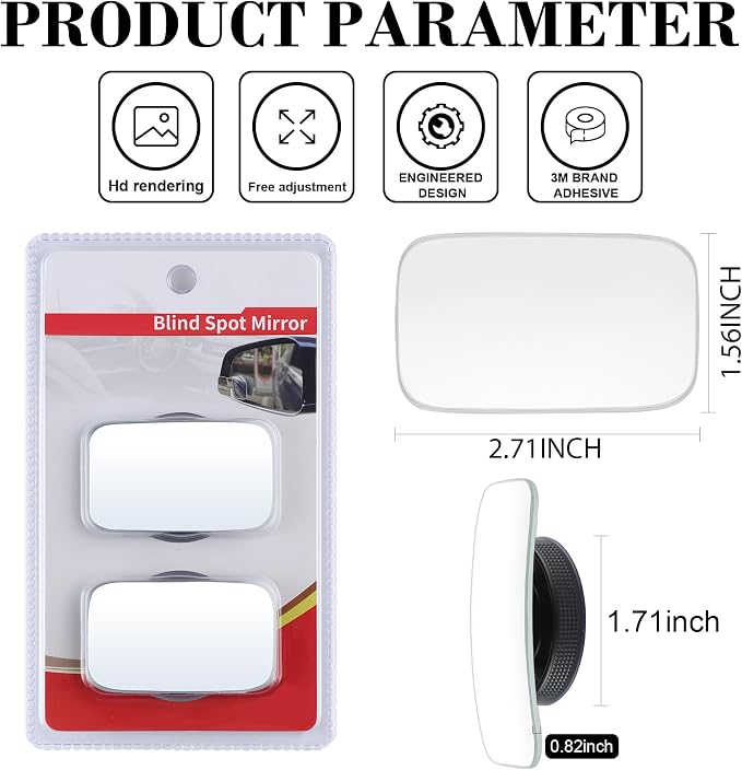 Blind Spot Car Mirror, Rectangular HD Glass Frameless Convex Side Mirror Blindspot, Reusable 360° Wide Angle Rear View Car Mirrors with Powerful Adjustable Suction Cup - Exterior Mirrors