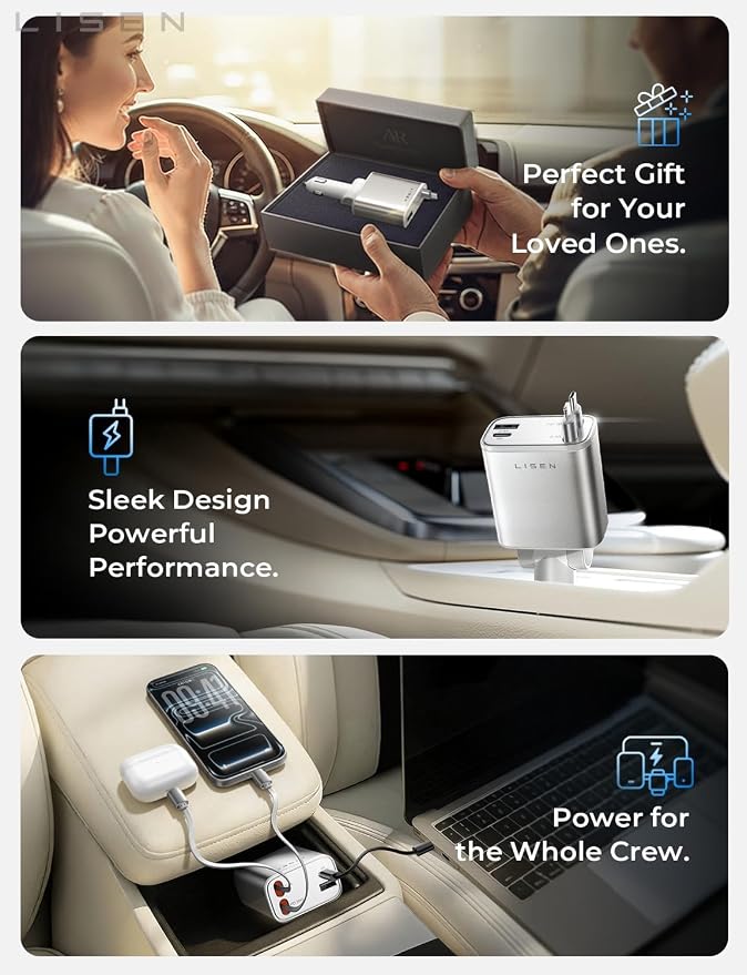 Retractable Car Charger for iPhone, for iPhone 17 Pro Max 16 15 14 13 12 Plus Mini, Cute 4 in 1 Retractable USB C Car Charger Fast Chareg for Women Men, 84W Fast Charging Car Accessorie | Multiple Ports Car Charger, Retractable Car Charger Fast C...