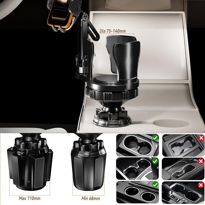 Cup Holder Expander with Phone Mount for Car, 2-in-1 Adjustable Cup Holder Fits Large Bottles, Tumblers & Fast Food Drinks, Universal Phone Mount 360° Rotating Arm for 4.7–7" Phones