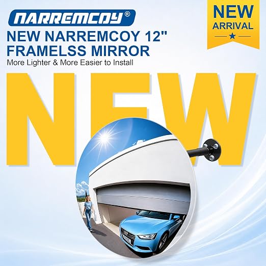 12" Frameless Mirror with 360° Adjustable View - Convex Mirror for Garage, Driveway, Store, Warehouse & Office, Wall Mount Safety for Indoor Outdoor Use with Clear Wide Reflection