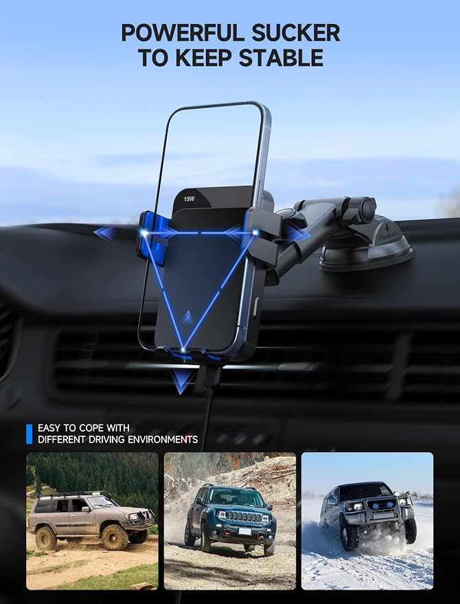 Wireless Car Charger, 15W Auto Clamping Car Charger Dash Windshield Air Vent Phone Holder Compatible with iPhone 16 15 14/13/13 Pro/12 pro/12/11/X/8, Samsung S24/S23/S22, Blue