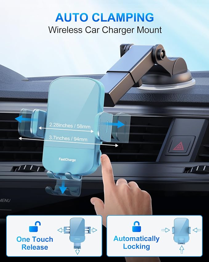 Wireless Car Charger, 15W Fast Charging Auto Clamping Car Charger Phone Mount Phone Holder fit for iPhone 15 14 13 12 11 Pro Max Xs, Samsung Galaxy S24 Ultra S23 S22 S21, S20, S10+, Cyan