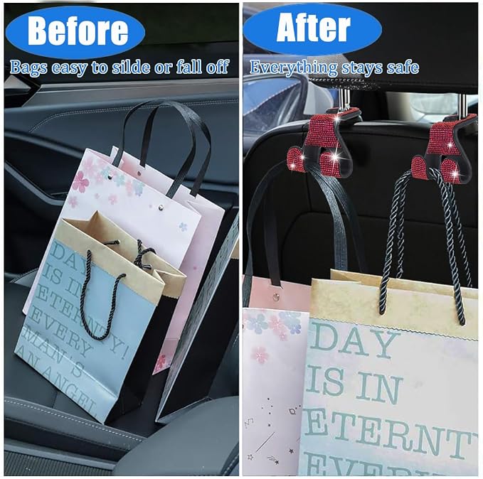 Bling Car Purse Hooks 2Pcs, Durable Car Headrest Hook, Holds 44Lbs, Double-Hooks, Wide-Opening, Rhinestone Automobile Purse Hangers Holder, Bling Car Accessories for Women, Red