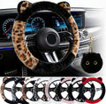 Car Steering Wheel Cover Fluffy Leopard Steering Wheel Accessories Black | Steering Wheel Covers with Cute Ears Keychain 14-15 inch Universal Elastic Steering Wheel Protector for Women Girls