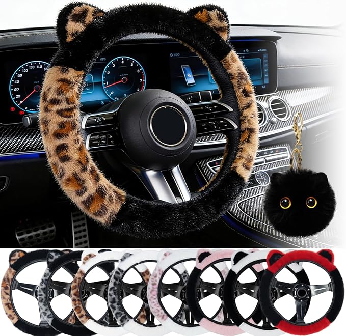 Car Steering Wheel Cover Fluffy Leopard Steering Wheel Accessories Black | Steering Wheel Covers with Cute Ears Keychain 14-15 inch Universal Elastic Steering Wheel Protector for Women Girls