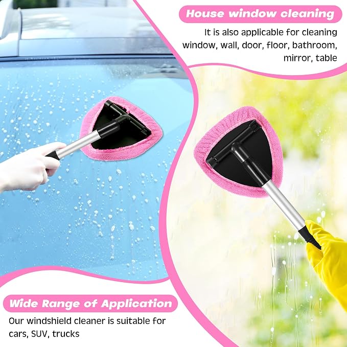 10 Pcs Windshield Cleaner Tool Car Window Cleaning Supplies with Extendable Handle Include 6 Washable Microfiber Bonnets 2 Empty 60ml Spray Bottle Glass Wiper Kit(Pink)