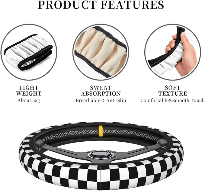 Black White Checkered Elastic Steering Wheel Cover Non-Slip Breathable Steering Wheel Protector Fit Auto, SUVs, Truck