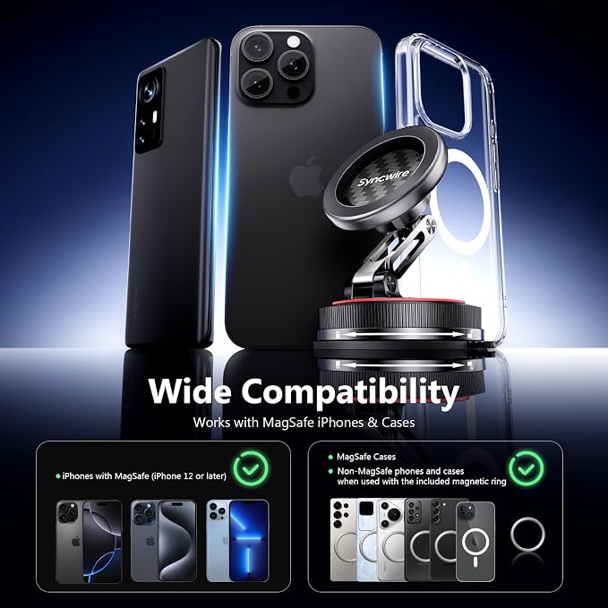 for MagSafe Car Mount [2-Axis Design] Nano Adhesive Gel + Suction Cup Magnetic Phone Holder for Dashboard & Windshield, 360° Adjustable for iPhone 17 16 15 14 13 12 11, Samsung, Carbon Fiber