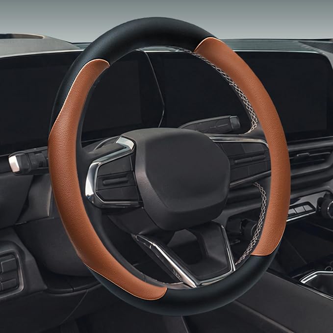 Leather Steering Wheel Cover for Chevy Silverado 1500 2500 3500, 14.5-15 inches Car Steering Wheel Cover with Non-Slip Breathable (Brown)