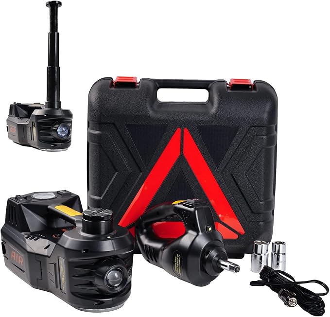 Electric Hydraulic Car Jack Kit 5 Ton 12V Portable Lift Range 17.7 Inch with Impact Wrench and Tire Inflator Pump for SUV Sedan Truck Car Repair Floor Jack for Vehicle Tire Change with LED Light