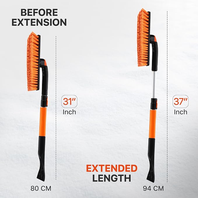 31" to 37” Extendable Snow Brush for Car and Ice Scrapers for Car Windshield, 360° Rotation Brush Head Snow Broom for Truck and SUVs with Ergonomic Foam Grip