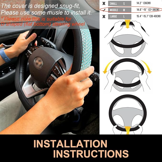 D Shaped Bling Comfy Steering Wheel Cover with Jumbo Crystal Rhinestones, Anti-Slip Diamond Leather, Flat Bottom 14.5-15 Inch (Sky Blue)