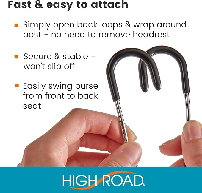 Car Hooks for Purses and Bags with Leather Trim - Unbreakable Headrest Car Hooks for Large Purse Straps and Heavy Bags up to 40 lbs - Secure Attachment Loops Fit All Headrest Posts, 2-Pack