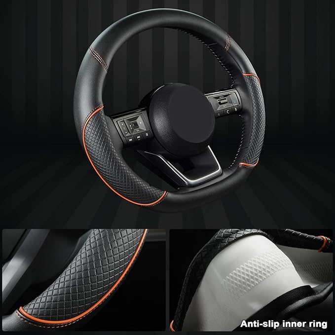 D Shape Steering Wheel Cover for Nissan Rogue Kicks - Auto Car Steering Wheel Cover Customized for Nissan Altima Sentra(Black+Orange Line-D-Shaped)