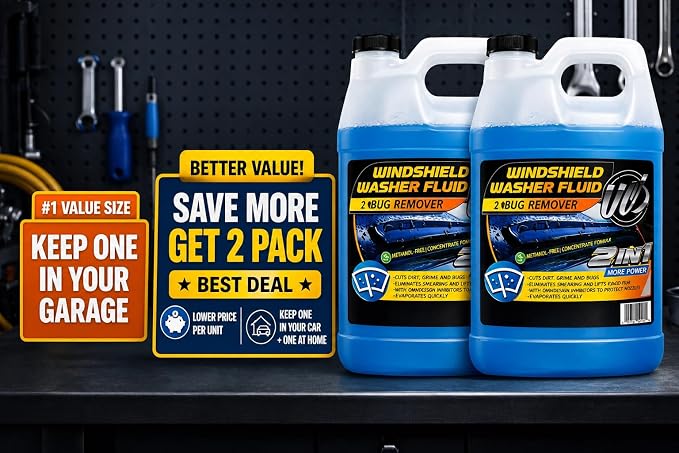 2-in-1 Windshield Washer Fluid 2-Pack (1 Gallon Each, 256 fl oz Total) – Ready to Use, Streak-Free Formula, All-Weather Cleaning, Removes Bugs, Dirt & Road Grime – Premium Windshield Cleaner
