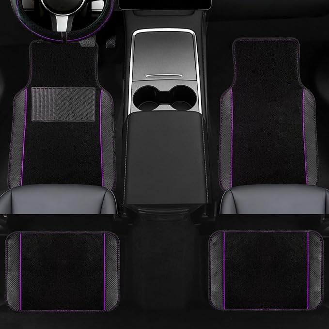 10 Pcs Car Floor Mats Full Set Car Accessories, Microfiber Leather Steering Wheel Covers 14.5-15 inch, Center Console Cover, Seat Belt Pads, Cup Coasters, Universal Interior Decor(Purple)