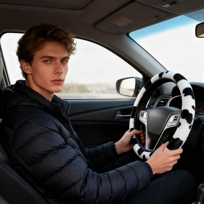 Black and White Cow Print Fuzzy Steering Wheel Cover for Women, Universal Auto Steering Wheel 14-15 Inch Soft Warm Car Interior Accessories with 2PCS Car Coasters, Suitable for Men and Women