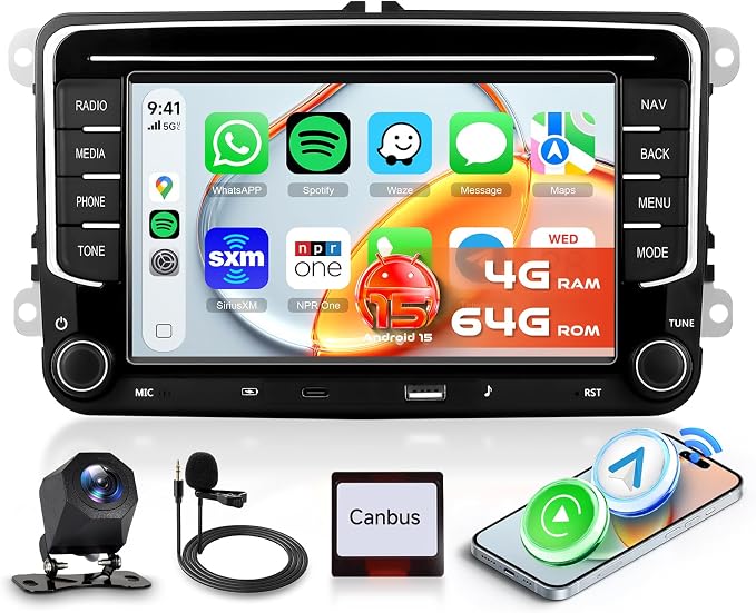 7' IPS Screen Car Radio for VW Jetta Tiguan Golf Passat MK5 MK6 T5 EOS Polo | 5Ghz WiFi,Android 15 4G+128G Radio Car Stereo with Wireless Carplay Android Auto,Type-C USB,5.0 Bluetooth 32EQ,FM/RDS,GPS