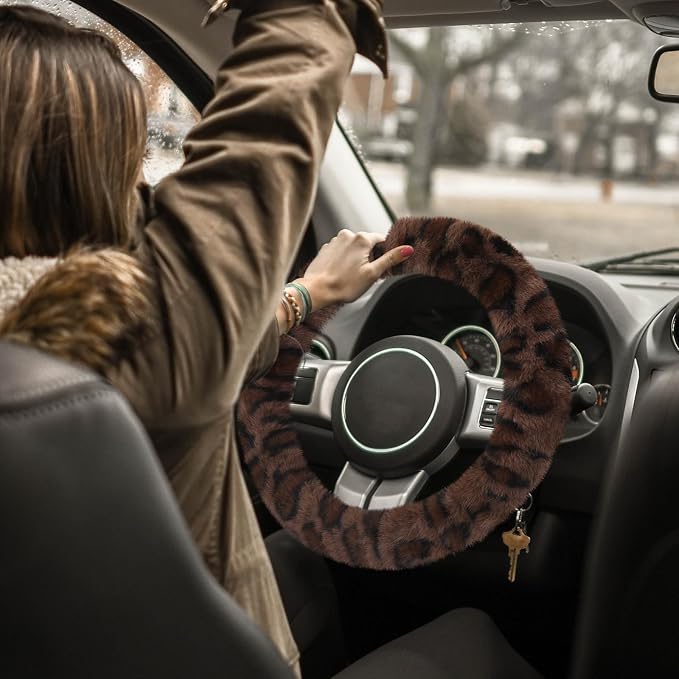 Fuzzy Car Steering Wheel Cover, Universal Fit Fur Auto Wheel Cover & Handbrake Cover & Gear Shift Cover Set, Fashion Leopard Fluffy Steering Wheel Protector Car Accessories for Men Women
