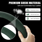 Suede Steering Wheel Cover with Upgraded Silicone Inner Ring, Breathable, Anti-Slip, Leather Universal 14.5 to 15 Inch Steering Wheel Cover (Green with Embossing Pattern)