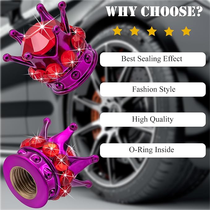 4PCS Crown Bling Tire Stem Valve Caps, Crystal Diamond Tire Air Cap Set Universal Copper Core Stem Covers for Cars, SUV, Trucks, Bikes, Motorcycles, Bicycles (Purple & Red)