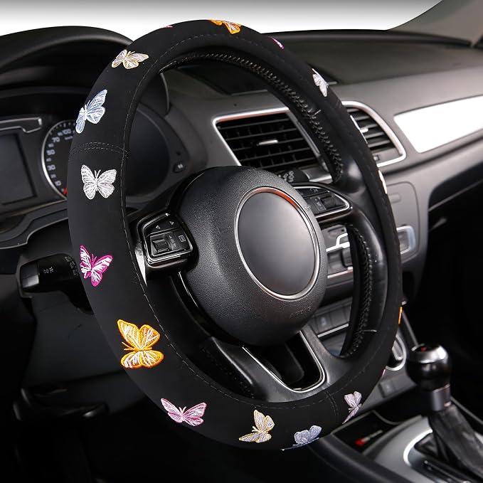 Embroidery Cute Steering Wheel Cover Stitched Butterfly Girly,Sweat Absorption,Universal 15 inch
