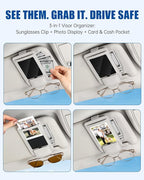 Car Visor Sunglasses Holder, 3 in 1 Glasses Clip with Photo Picture Display & Extra Storage Pocket, Anti-Slip Universal Sun Visor Organizer, 2026 Upgraded (2, Off-White)