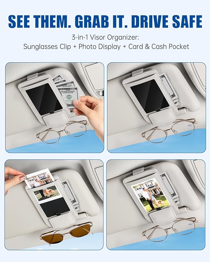 Car Visor Sunglasses Holder, 3 in 1 Glasses Clip with Photo Picture Display & Extra Storage Pocket, Anti-Slip Universal Sun Visor Organizer, 2026 Upgraded (2, Off-White)