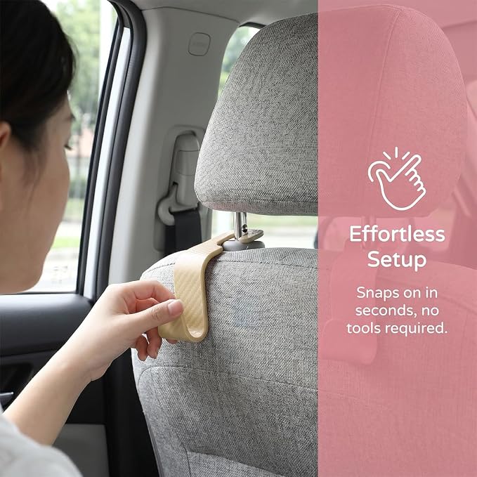 4PCS Car Seat Headrest Hooks, Auto Back Seat Hanger Holder, Durable Stylish Vehicle Organizer Universal Car Interior Accessories, Storage Hooks for Purses, Bags, Clothes (Carbon Fiber/Beige)