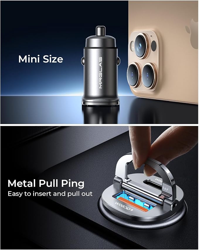 125W USB C Car Charger, [Mini & Metal] USB C Car Charger Adapter Fast Charging PD65W & QC60W Dual Port Type C Cigarette Lighter USB Charger for iPhone 16 15 Pro Max S25 MacBook-Silver Gray