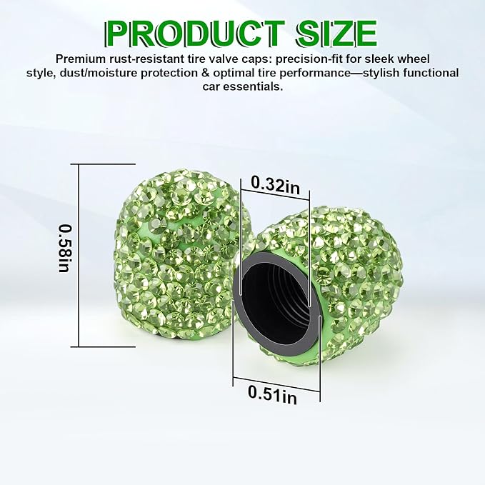 4 Pack Handmade Crystal Rhinestone Car Tire Valve Stem Caps, Universal for Cars, Trucks and Motorcycles - Green