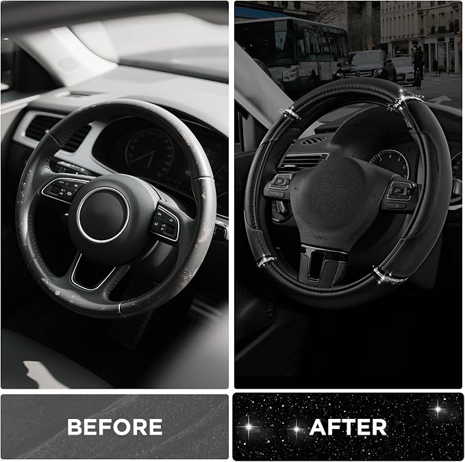 Leather Steering Wheel Cover - Made with PVC Leather - Anti-Slip, Universal Fit 14 1/2 inches to 15 inches - Black