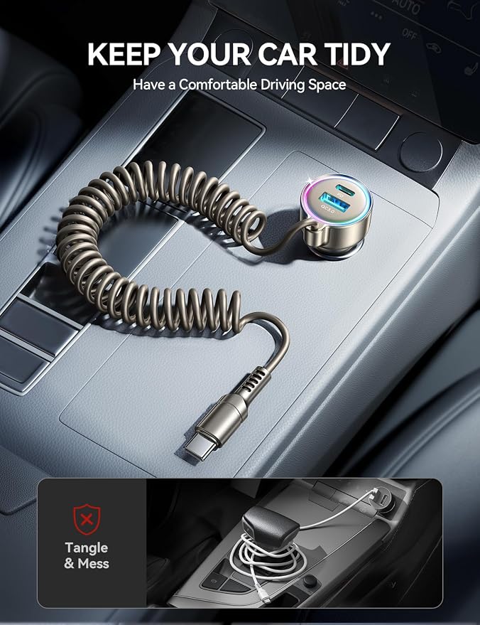 USB C 90W Car Charger for iPhone 17/16 Pro Max, PD & QC3.0 w/5 ft 45W Type C Coiled Cable, Fast Car Phone Charger Adapter for iPhone 17Air/15 Pro, Samsung Galaxy S25/S24/S23, Pixel 10/LG/Android, iPad