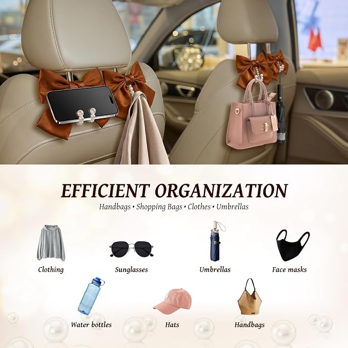 2 PCS Bow Pearl Car Seat Headrest Hook – Cute Purse Hook for Car, Girly Interior Decoration Accessories Hook Hanger, Seatback Holder for Purses & Bags, Elegant Car Organizer (Woody Brown)