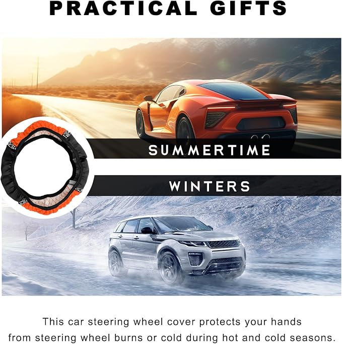 Bling Car Steering Wheel Cover, 15 Inch Sparkly Rhinestone Soft Leather Steering Wheel Protector, Non-Slip Universal Auto Elastic Steering Wheel Covers for Women Girls (Orange)