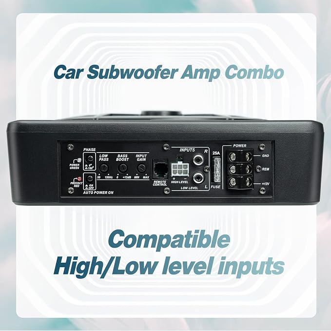 10" Upgrade 800W Slim Under Seat Powered Car Subwoofer, Car/Truck Audio Sub Built in Amplifier amp Combo, with Blue LED Light (RGB LED Subwoofer+Installation Wire Kit)