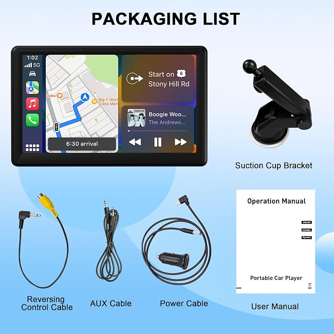 Portable Wireless Carplay Car Radio, 7" HD Touchscreen with Carplay Android Auto with Mirror Link/Voice Control/Bluetooth/FM/GPS Navigation/AUX
